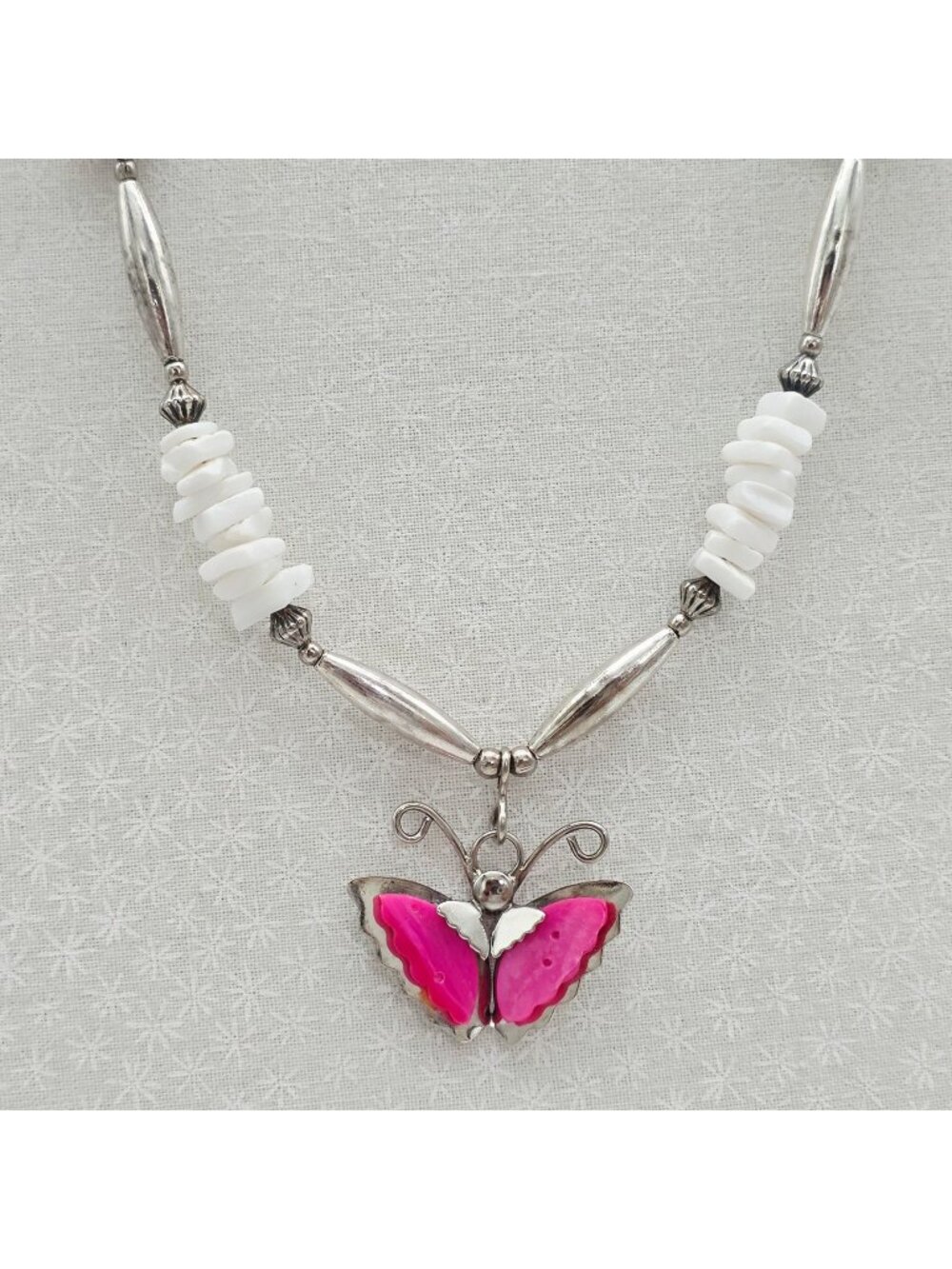 Butterfly Pendant Necklace Pink & White Accents West Tribal Liquid Silver Beads